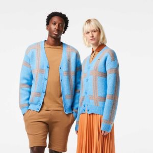 Lacoste Tartan Pattern Wool Cardigan Blue / Orange / Brown | KAVW-28104