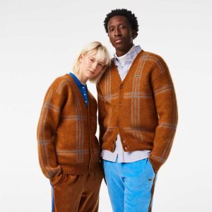 Lacoste Tartan Pattern Wool Cardigan Brown / Blue / Orange | IWML-45179