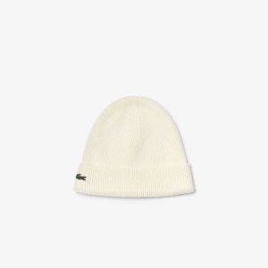 Lacoste Turned Edge Ribbed Wool Beanie White | PVDO-10532