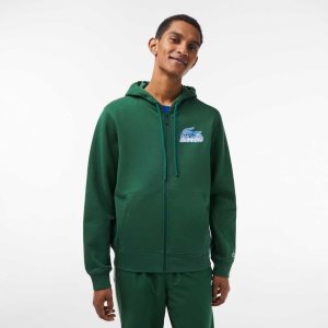 Lacoste Unbrushed Fleece Zipped Hoodie Green | HILY-84561