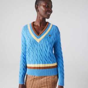 Lacoste V-Neck Cable Knit Wool Sweater Blue / Yellow / Brown | DHFK-87290