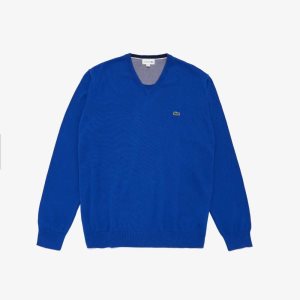 Lacoste V-Neck Cotton Sweater Bleu Marine Mouline | FJVW-27365