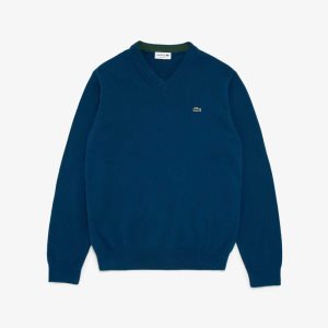 Lacoste V-Neck Cotton Sweater Blue | RFLA-25903