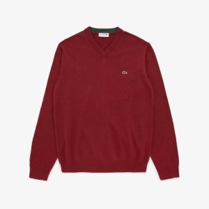 Lacoste V-Neck Cotton Sweater Bordeaux | HTFI-02187