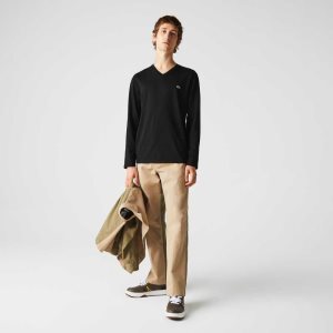 Lacoste V-Neck Lightweight Pima Cotton Jersey T-Shirt Black | VHCR-39867