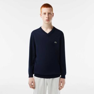 Lacoste V-Neck Organic Cotton Sweater Navy Blue | BENT-76435