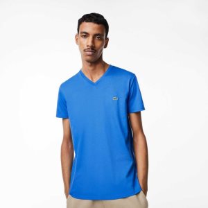 Lacoste V-Neck Pima Cotton Jersey T-Shirt Blue | CNAX-85692