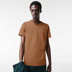 Lacoste V-Neck Pima Cotton Jersey T-Shirt Brown | LIVE-67804