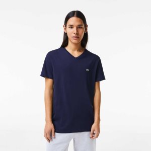 Lacoste V-Neck Pima Cotton Jersey T-Shirt Navy Blue | ORNM-29647