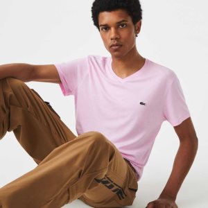 Lacoste V-Neck Pima Cotton Jersey T-Shirt Pink | WSBX-84639