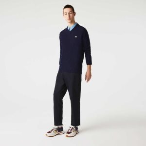 Lacoste V-Neck Wool Sweater Navy Blue | OBRY-21908