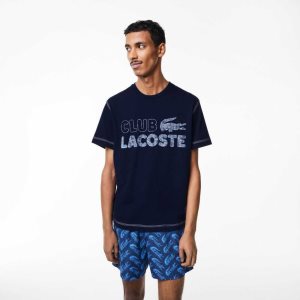 Lacoste Vintage Print Organic Cotton T-Shirt Navy Blue | ENFP-69104