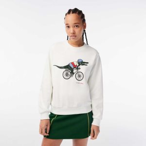 Lacoste x Netflix Loose Fit Organic Cotton Fleece Sweatshirt White | DPIW-79480