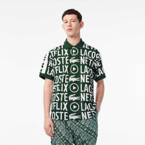 Lacoste x Netflix Loose Fit Organic Cotton Print Polo Green / White | KGTW-38521