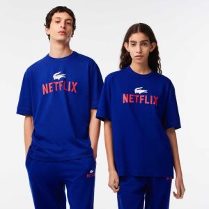 Lacoste x Netflix Loose Fit Organic Cotton T-Shirt Blue | YNMG-56928