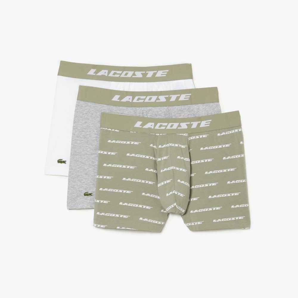 Lacoste 3-Pack Logo Print Jersey Boxers Khaki Green / Grey Chine / White | PUZA-63054