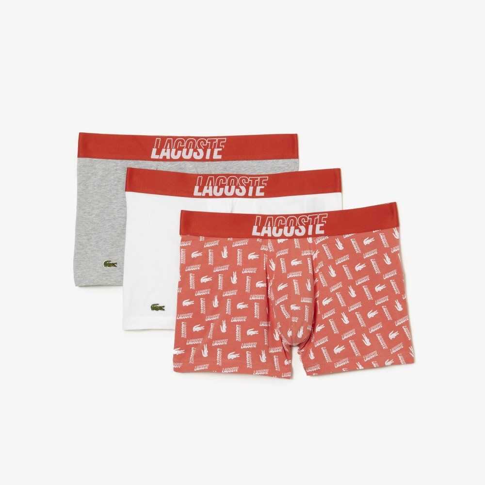 Lacoste 3-Pack Stretch Cotton Printed Trunks Orange / Grey Chine / White | ZWTK-15746
