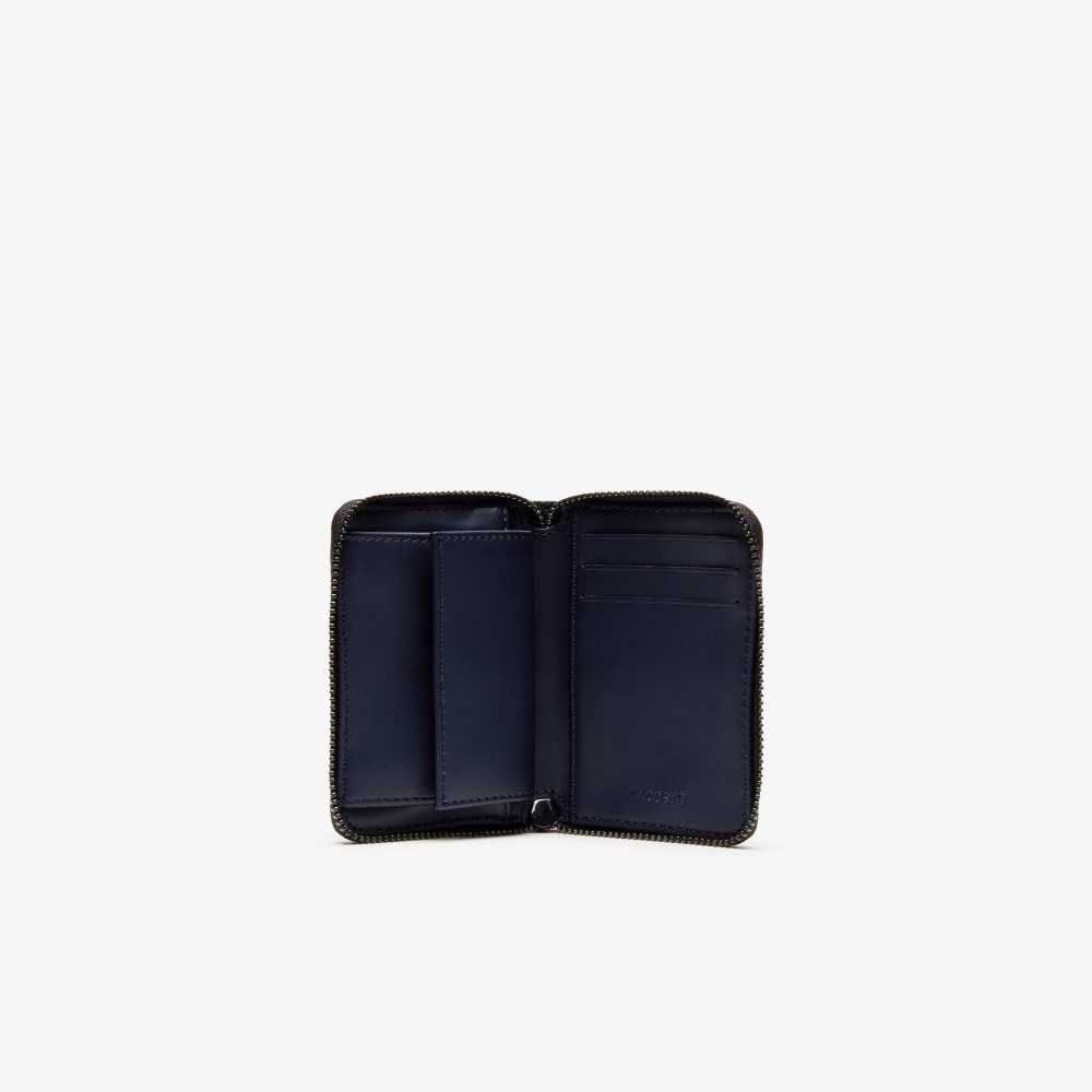 Lacoste Altitude Striped Zip Pull Grained Leather Wallet Phantom Dark Sapphire | QOBH-45792