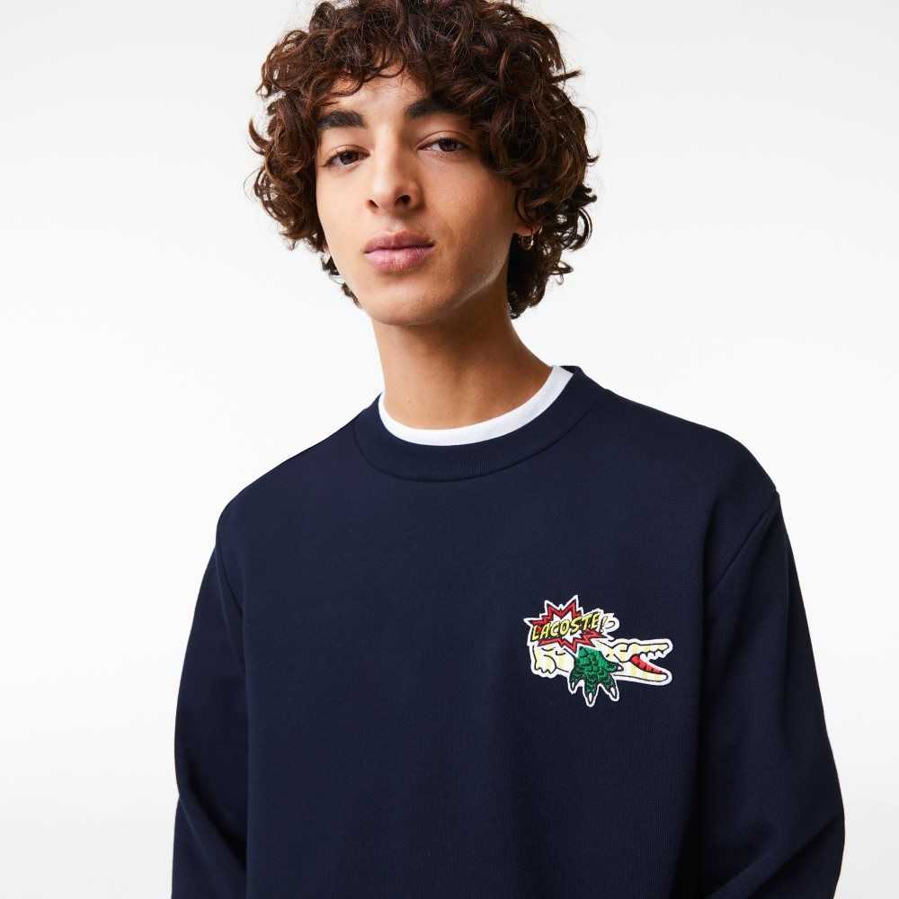 Lacoste Badge Organic Cotton Sweatshirt Navy Blue | PUMR-19728