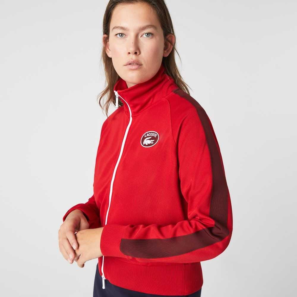 Lacoste Badge Pique Zippered Sweatshirt Red | KZPU-42095