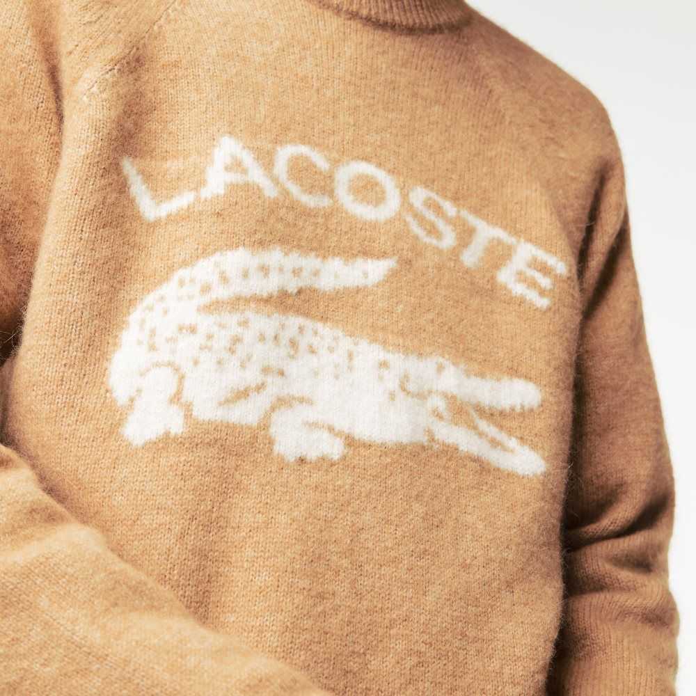 Lacoste Branded Contrast Crocodile Blend Alpaca Sweater Beige / White | BQAF-74903