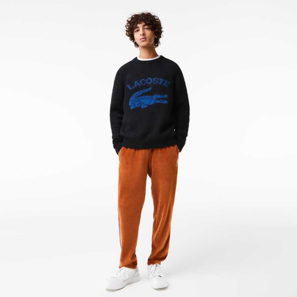 Lacoste Branded Contrast Crocodile Blend Alpaca Sweater Black / Blue | GWFZ-93086