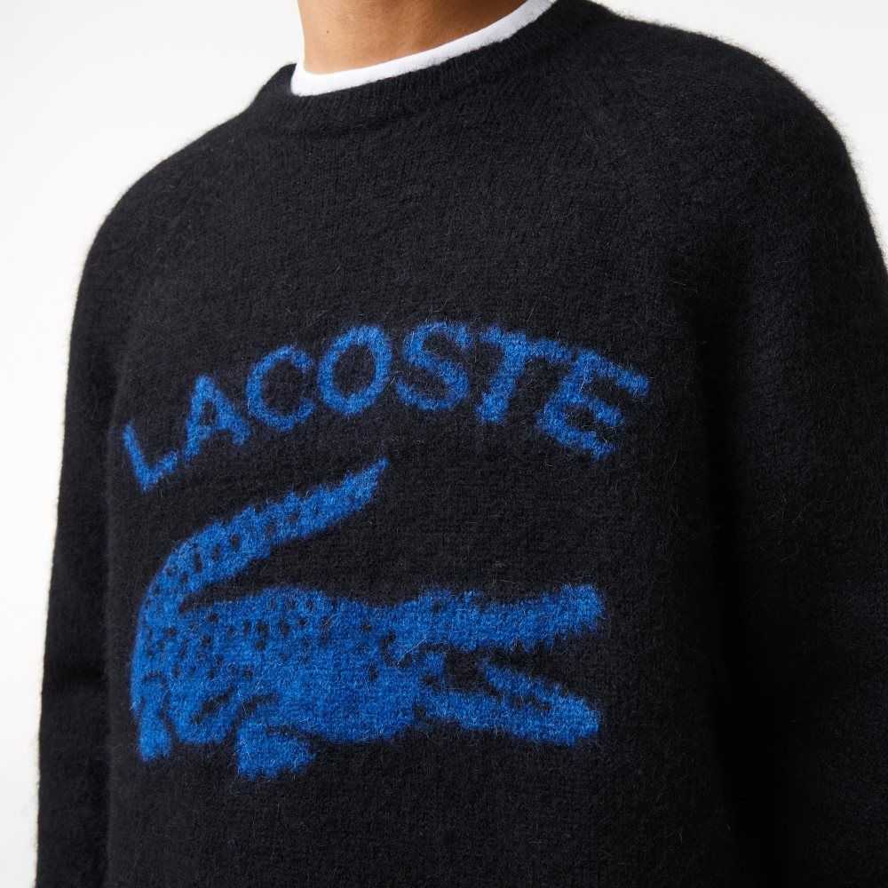 Lacoste Branded Contrast Crocodile Blend Alpaca Sweater Black / Blue | GWFZ-93086