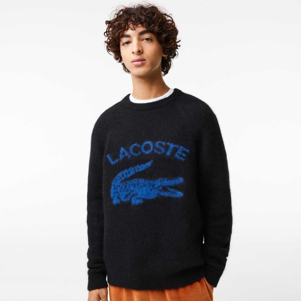 Lacoste Branded Contrast Crocodile Blend Alpaca Sweater Black / Blue | GWFZ-93086
