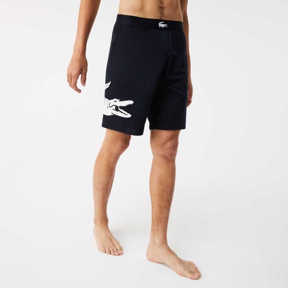 Lacoste Branded Stretch Cotton Lounge Shorts Navy Blue / White | MUTJ-54673
