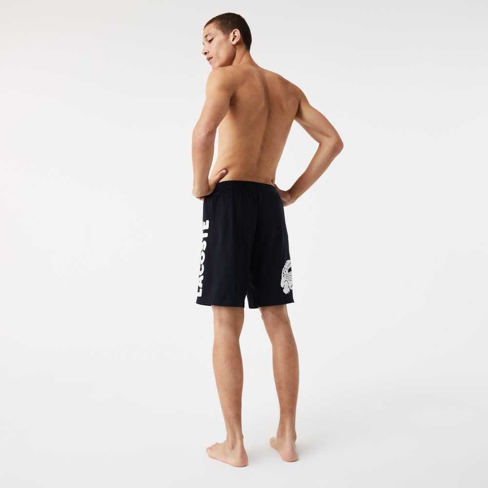 Lacoste Branded Stretch Cotton Lounge Shorts Navy Blue / White | MUTJ-54673