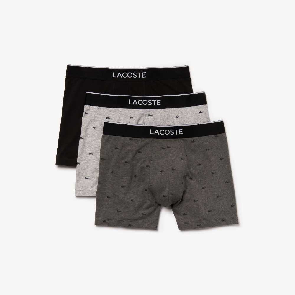 Lacoste Branded Waist Long Stretch Cotton Boxer Brief 3-Pack Black / Grey Chine | RKSX-74635