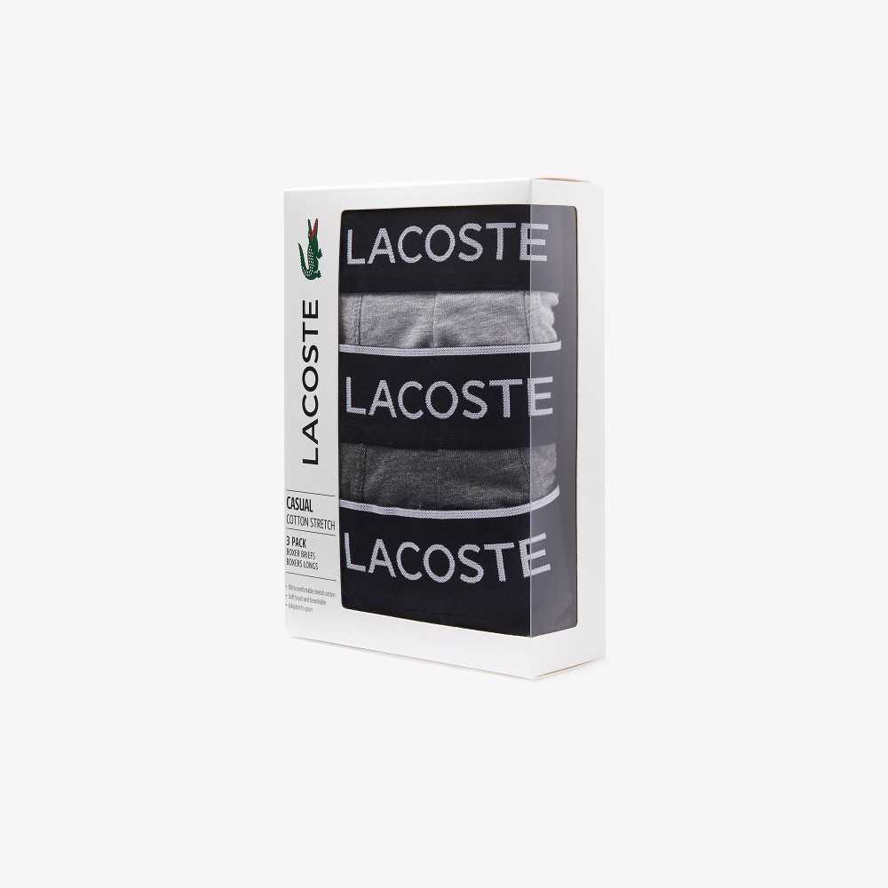 Lacoste Branded Waist Long Stretch Cotton Boxer Brief 3-Pack Black / Grey Chine | RKSX-74635