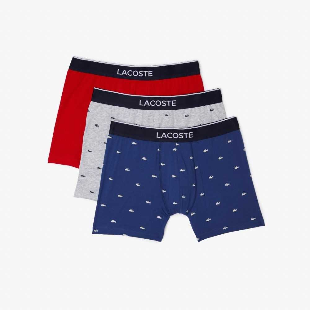 Lacoste Branded Waist Long Stretch Cotton Boxer Brief 3-Pack Navy Blue / Grey Chine / Red | XSAV-35872