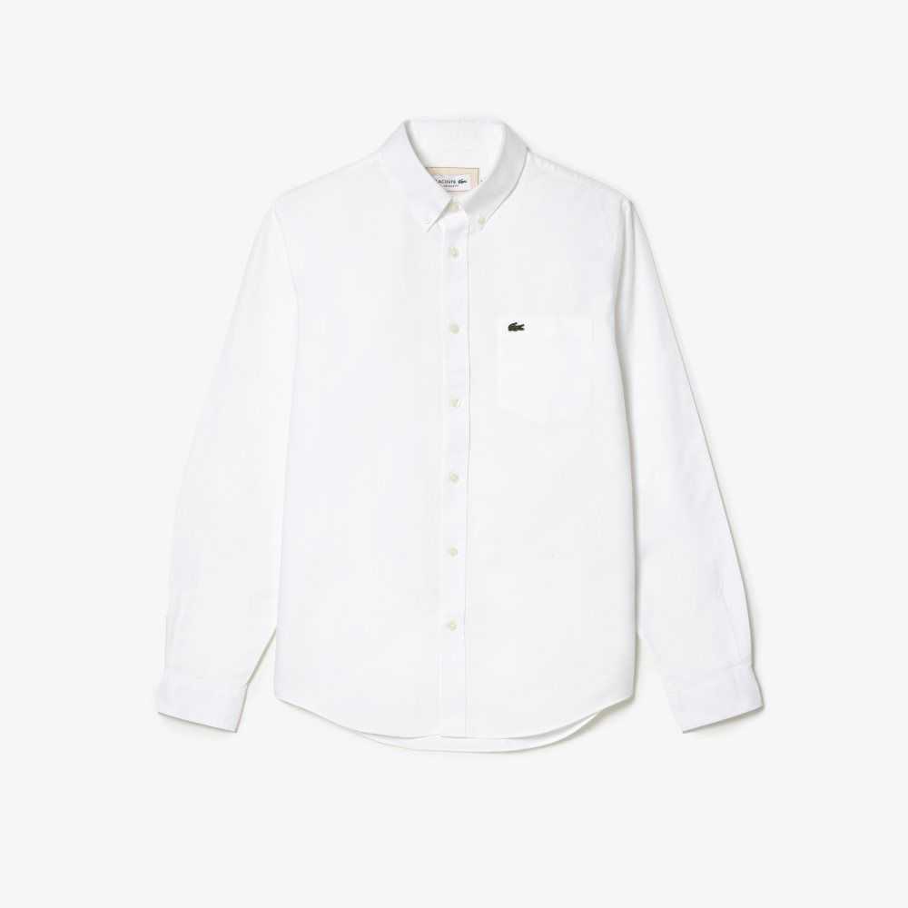 Lacoste Buttoned Collar Oxford Cotton Shirt White | JDNM-85643