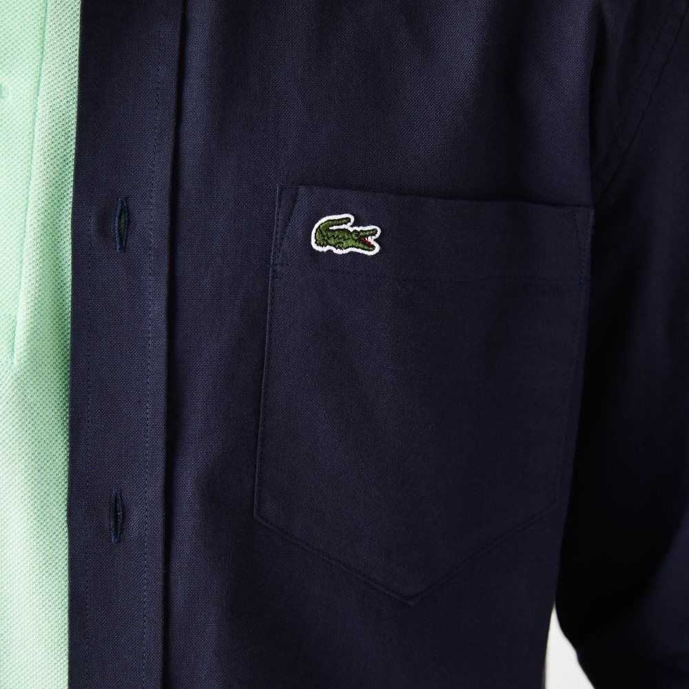 Lacoste Buttoned Collar Oxford Cotton Shirt Navy Blue | QHCK-80471