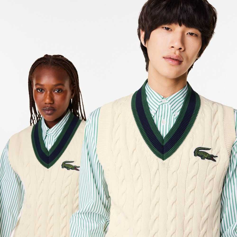 Lacoste Cable Knit Sweater Vest in Organic Cotton White | VBXK-10437