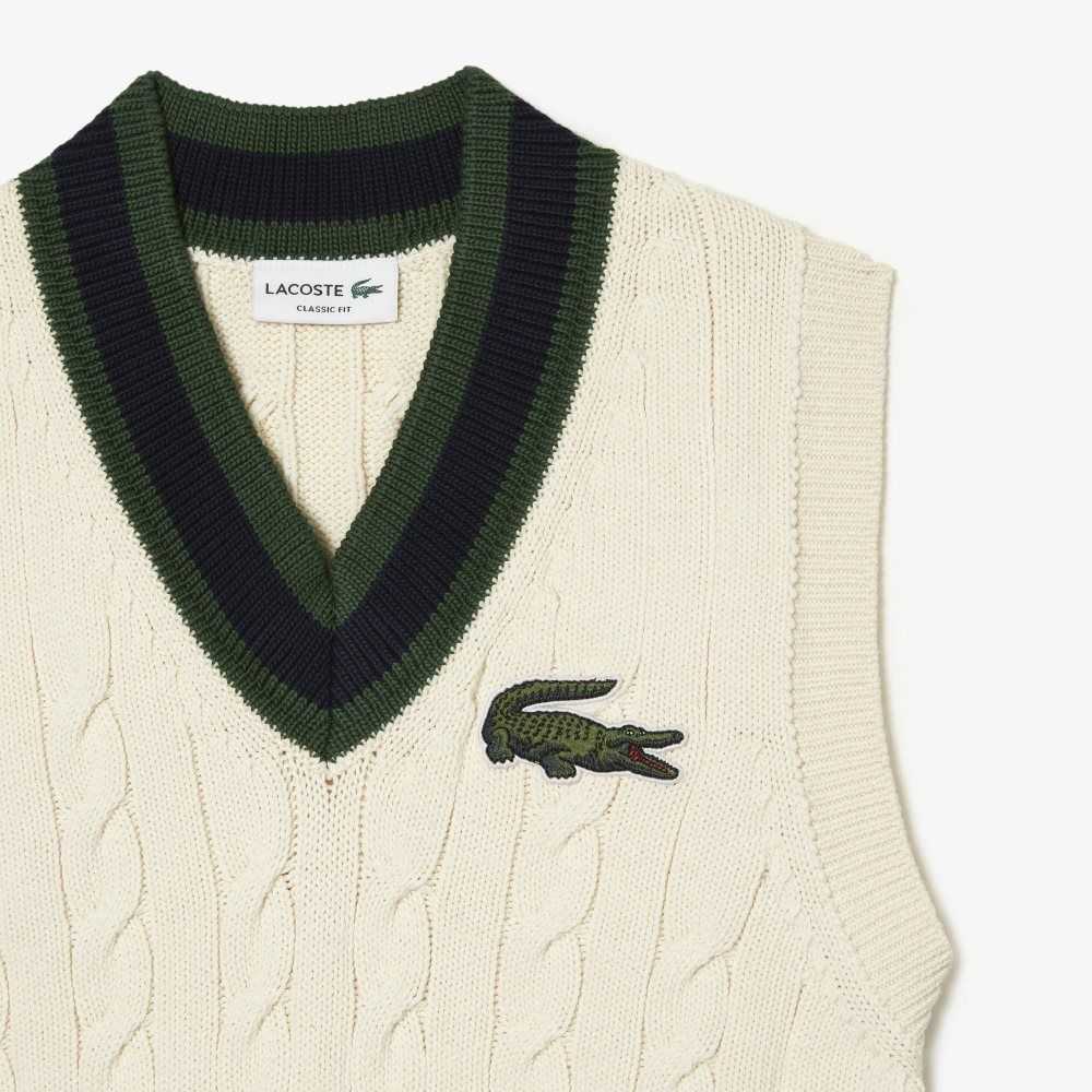 Lacoste Cable Knit Sweater Vest in Organic Cotton White | VBXK-10437
