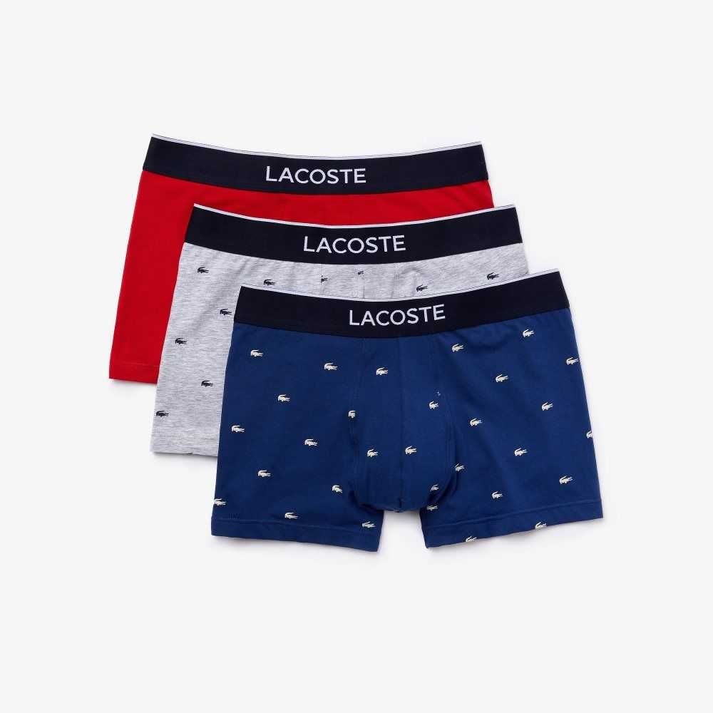 Lacoste Casual Signature Boxer Trunks 3-Pack Navy Blue / Grey Chine / Red | SOWK-24851