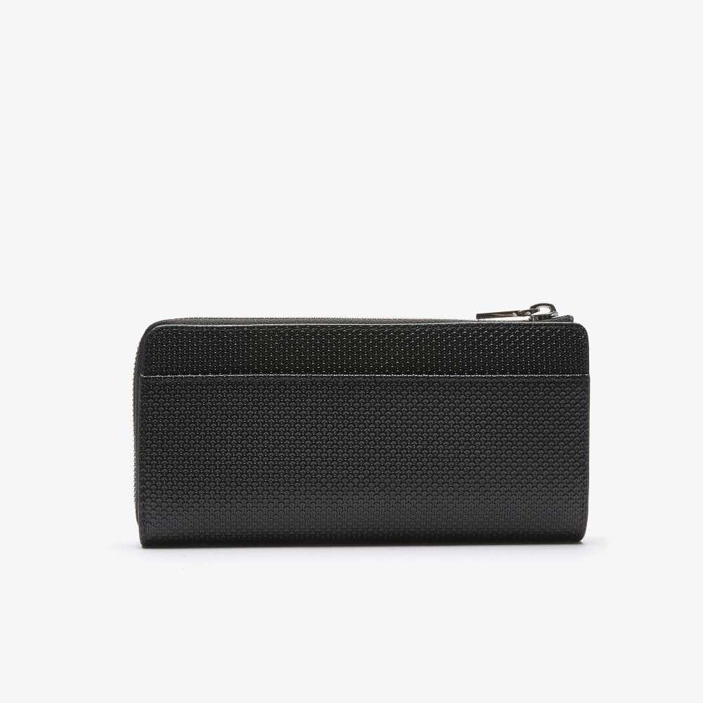 Lacoste Chantaco Zippered Matte Pique Leather Wallet Black | YCBD-03879