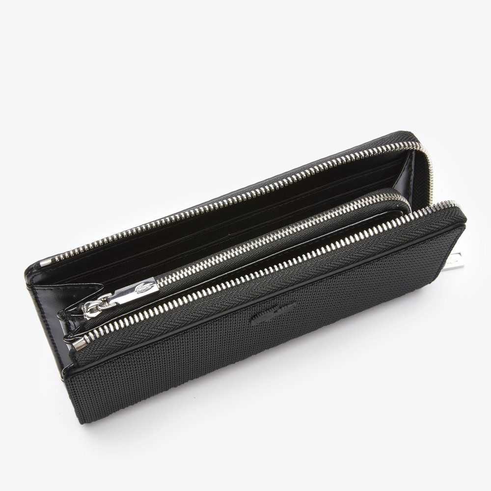 Lacoste Chantaco Zippered Matte Pique Leather Wallet Black | YCBD-03879