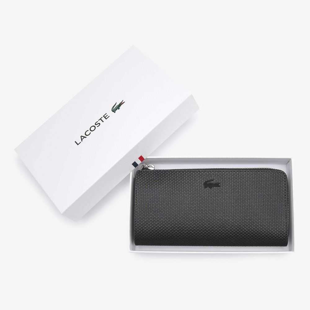 Lacoste Chantaco Zippered Matte Pique Leather Wallet Black | YCBD-03879