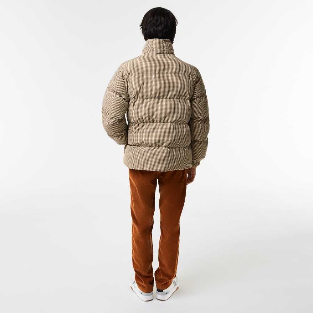 Lacoste Check Print Water-Repellent Twill Padded Jacket Beige / Navy Blue / White / Khaki Green | NXQR-24570