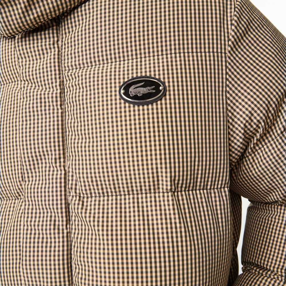 Lacoste Check Print Water-Repellent Twill Padded Jacket Beige / Navy Blue / White / Khaki Green | NXQR-24570