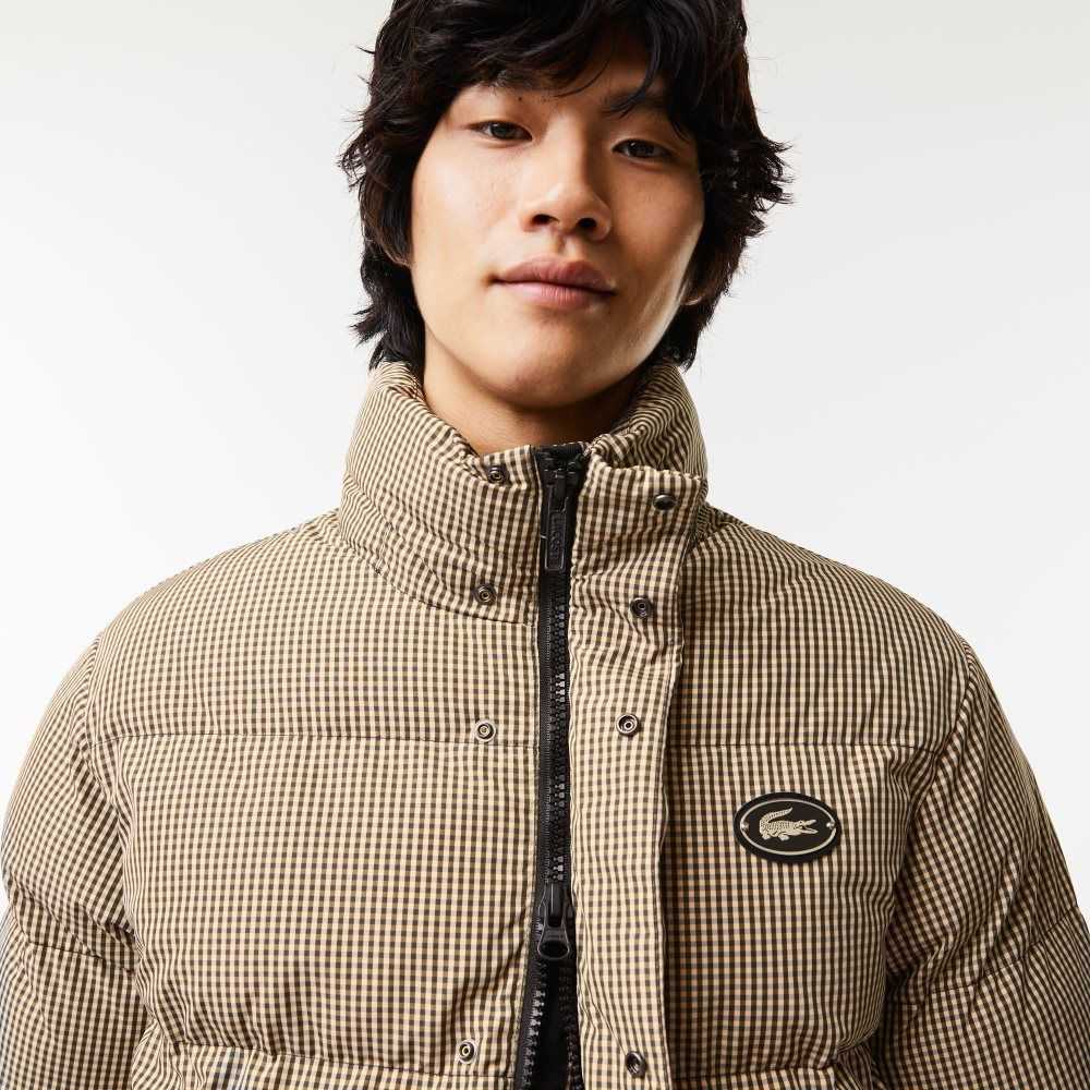 Lacoste Check Print Water-Repellent Twill Padded Jacket Beige / Navy Blue / White / Khaki Green | NXQR-24570