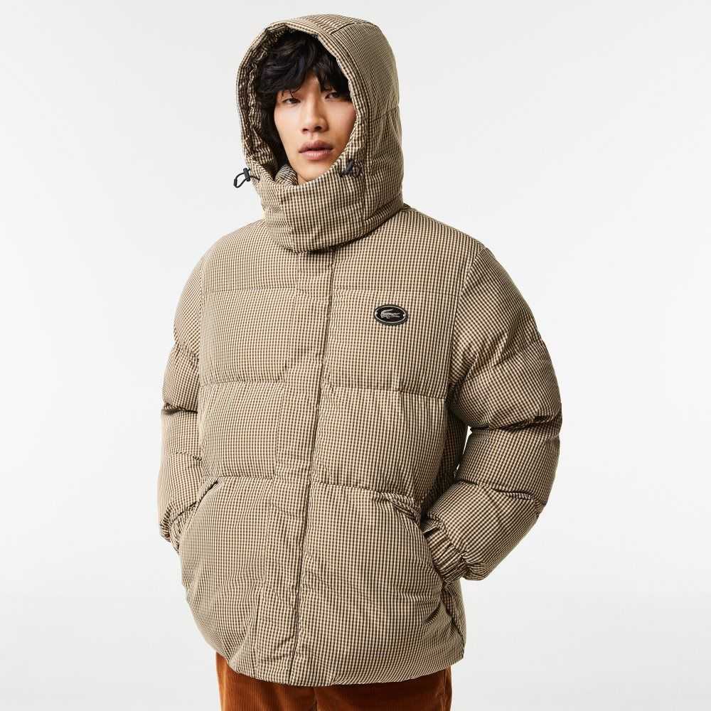 Lacoste Check Print Water-Repellent Twill Padded Jacket Beige / Navy Blue / White / Khaki Green | NXQR-24570