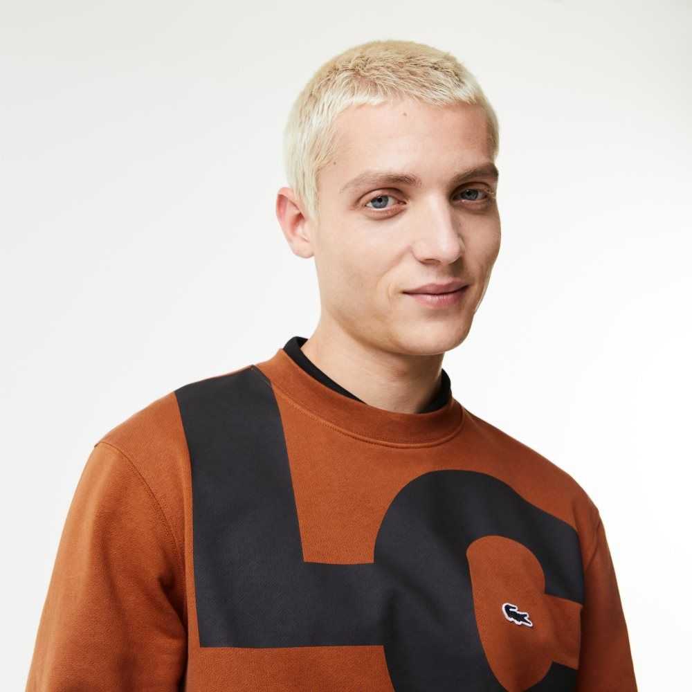 Lacoste Classic Fit Contrast Lettering Cotton Sweatshirt Brown | PVEZ-51926