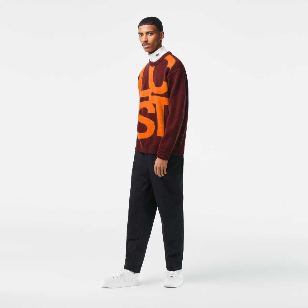 Lacoste Classic Fit Contrast Lettering Wool Sweater Bordeaux / Orange | PIXA-14906