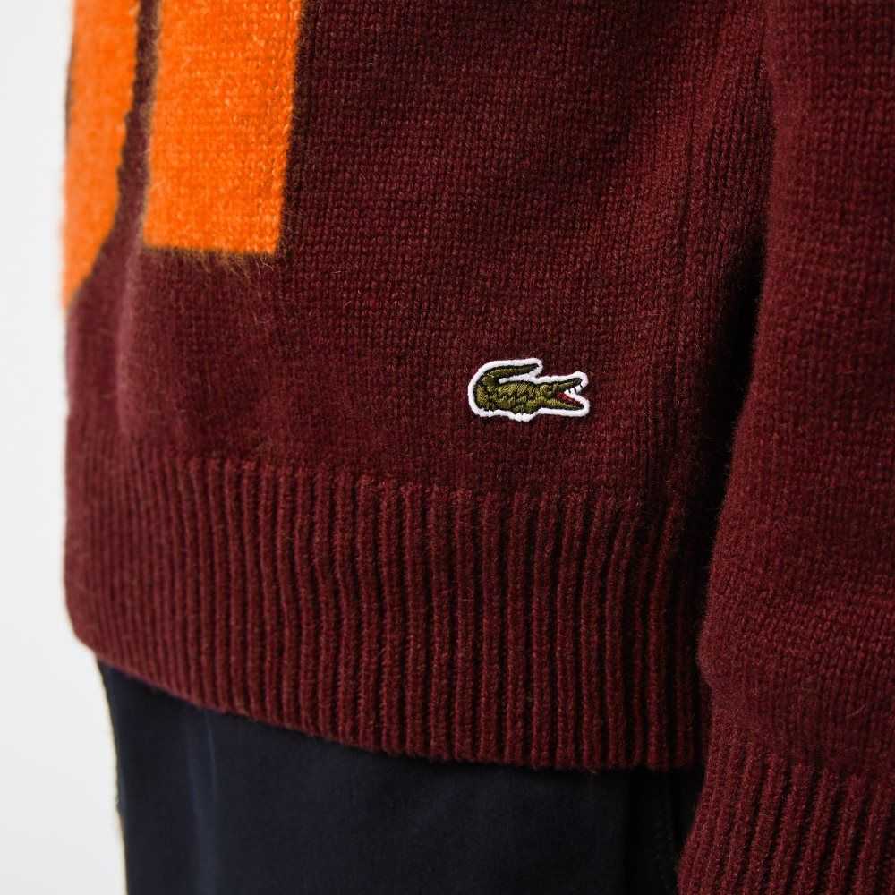 Lacoste Classic Fit Contrast Lettering Wool Sweater Bordeaux / Orange | PIXA-14906