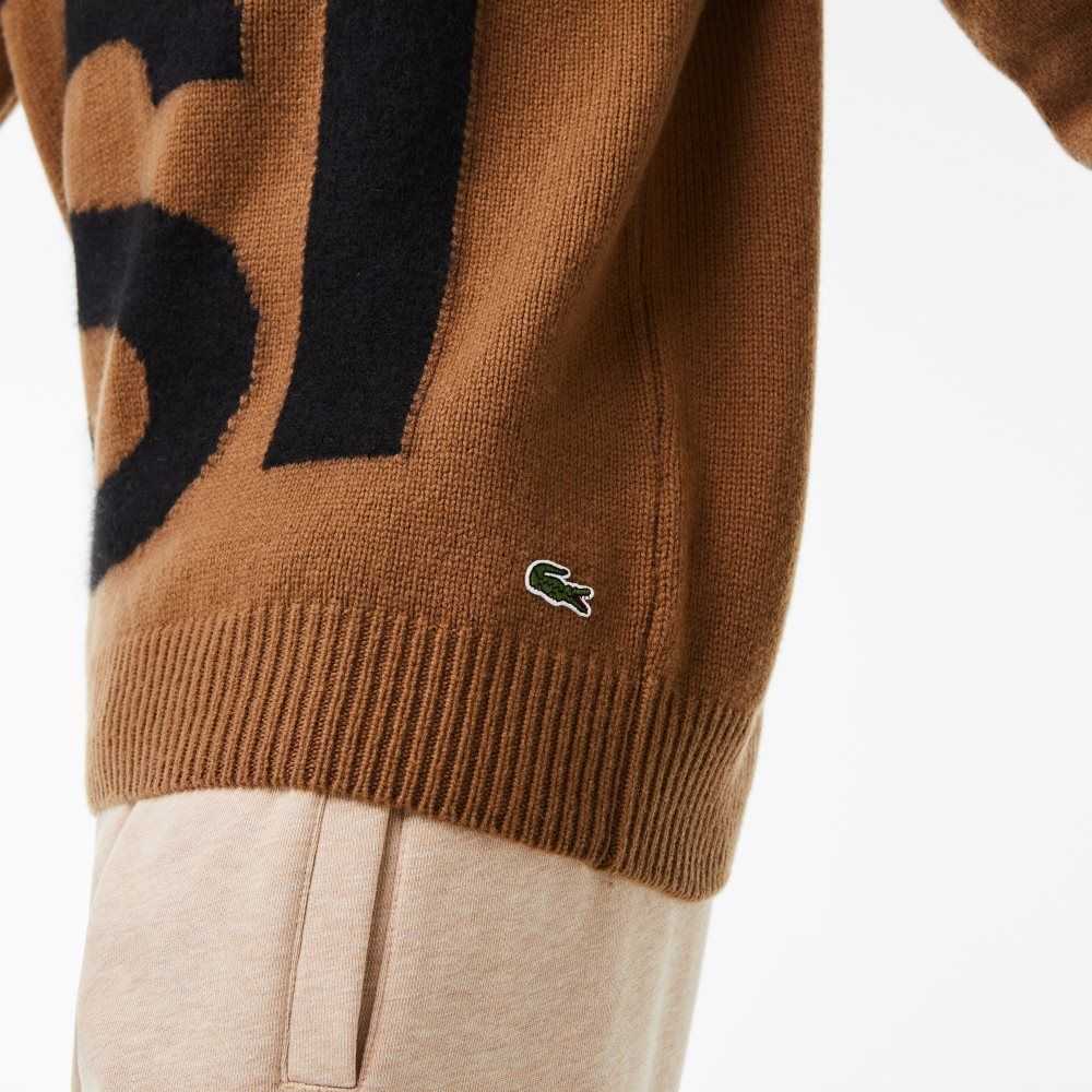 Lacoste Classic Fit Contrast Lettering Wool Sweater Brown / Black | UJYK-81607