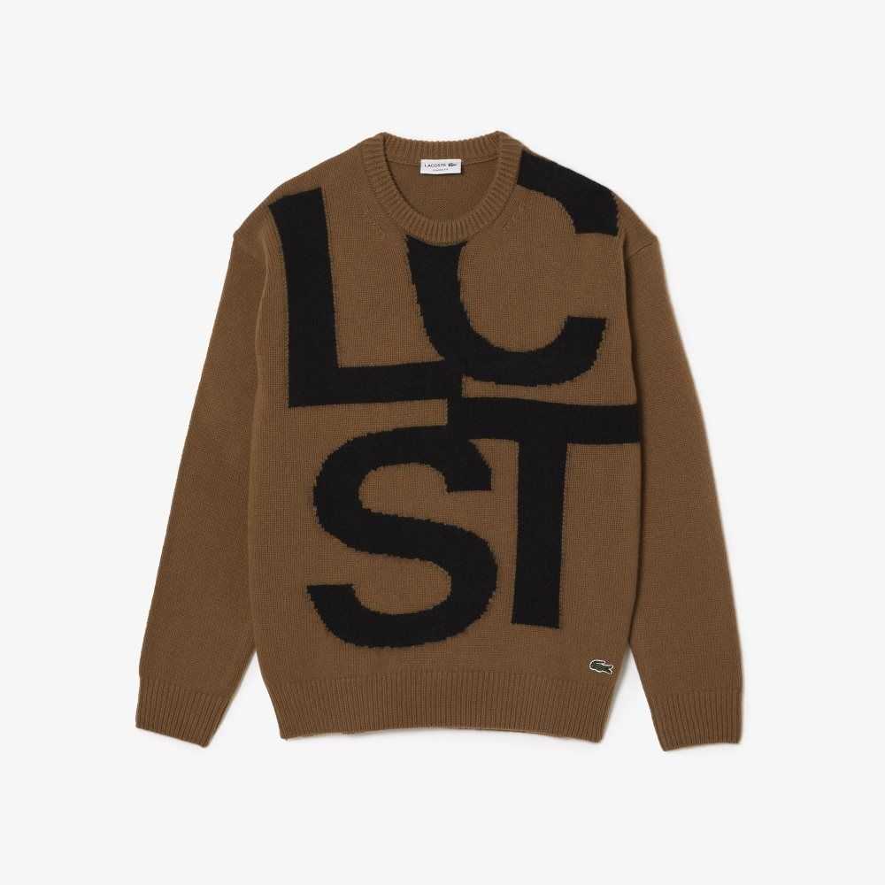 Lacoste Classic Fit Contrast Lettering Wool Sweater Brown / Black | UJYK-81607